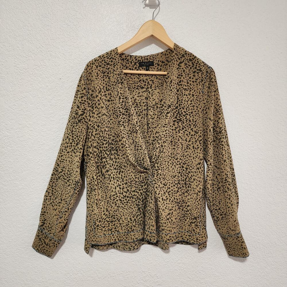Rag & Bone Leopard Print V Neck Long Sleeve Drape Top 100% Silk Large